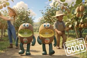 Image of two Kiwi characters in a field of Kiwi trees